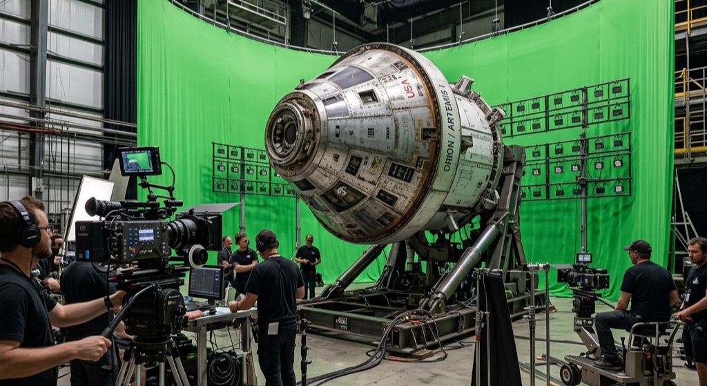 Plató de cine imitando el set de la misión Artemis II de la NASA con croma verde y cámaras de alta tecnología